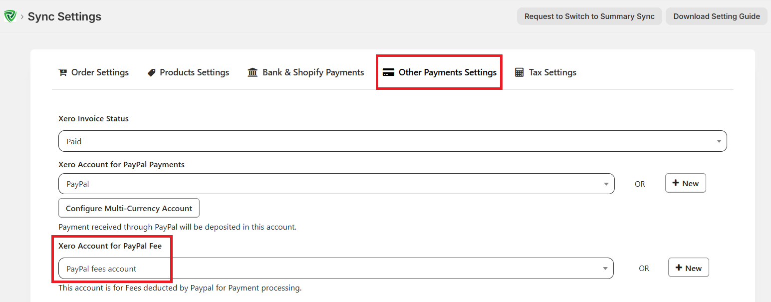 PayPal fees selection in Xero Bridge app